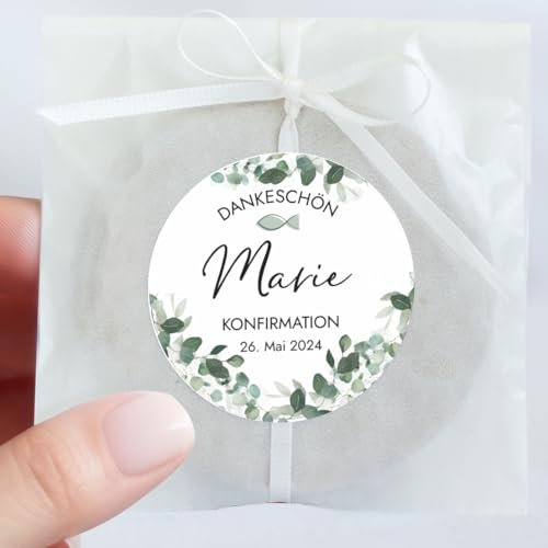 Mimi und Anton KONFIRMATION DANKESCHÖN Aufkleber personalisiert mit deinem Wunschnamen | 12x Sticker rund 5 cm | Vielen Dank Konfirmation Deko Sticker | Eukalyptus Greenery