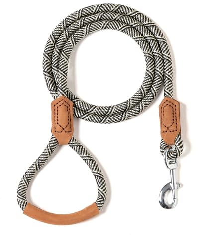 Mile High Life | Premium Leather Dog Leash | Strong Rope Leash | Leather Handle | Zinc Alloy Strong Clasp | Small Medium Large Dogs | 4/5/6 Feet (72 Inch, White)