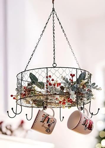 Dekoleidenschaft Kräuterkrone Nostalgie aus Metall, grau, Ø 35 cm, Deckenkrone mit 8 Haken, Küchenkrone, Kräuterhänger Hängekrone, Hängekorb, Hängeregal, Hängeablage, Speckhaken, Tassenring