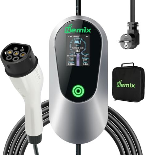 Nemix Cavo Ricarica Auto Elettrica Tipo 2 Schuko 3.68kW, Colonnina Ricarica Auto Elettrica Monofase 5m (8-16A) con Display HD 2.8, Regolazione Corrente e Temporizzazione, per Tipo 2 EV/PHEV Bianco