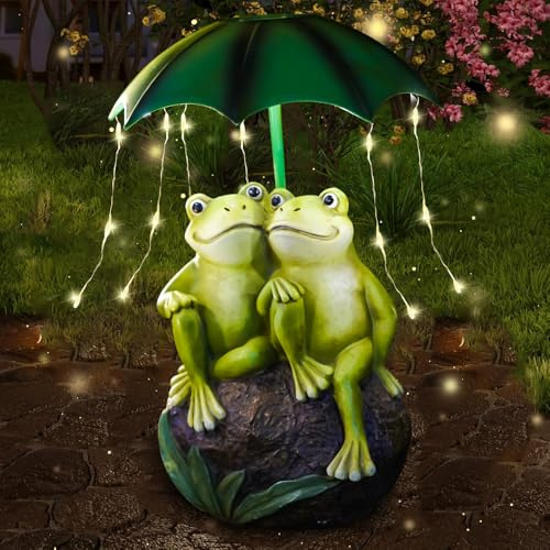 ZOYDP Solar Frosch Statuen, LED Frosch Garten Ornamente Outdoor, Frosch und Regenschirm Figur Wasserdichte LED Lichter, Solar Garten Frosch Ornament, Frosch Ornamente für Terrasse Balkon Hof Frosch