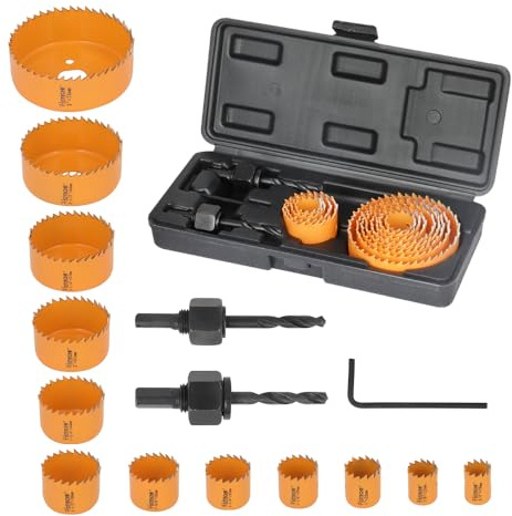 Hoteche 15er Lochsäge Set - 12 Größen (19mm-76mm), 2 Anlenker, 1 Hexenschlüssel, in schwarzer Kunststoffbox