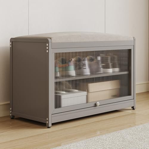 BAKAJI Zapatero con Asiento y 2 Compartimentos Interiores, Ahorra Espacio, Mueble con Puerta Transparente y Base Antideslizante para Entrada, Dormitorio, Entrada, 70 x 32 x 45 cm (Gris)