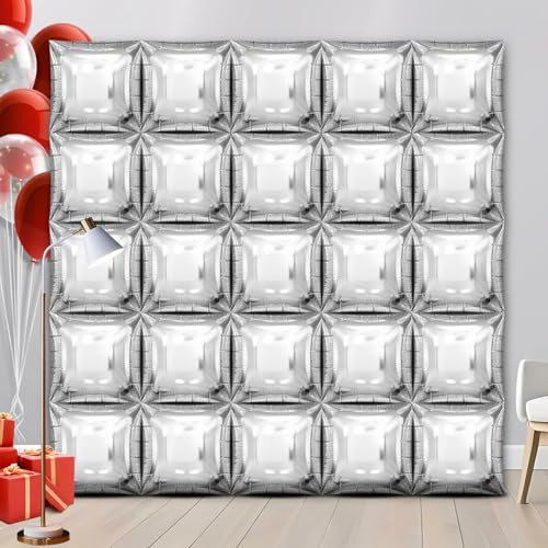 25 PCS 19inches Silver Square Foil Balloons Wall | Double Sided Cube Balloons Tunnel Arch Kit - Ideal for Birthday, Wedding, Anniversary Background Decorations(Silver)