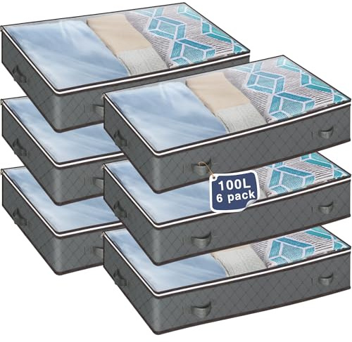 MIXC 6 Packungen Unterbettaufbewahrungen, 100 l große Unterbett-Aufbewahrungsbox mit Deckel, Aufbewahrungsboxen mit Deckel, Aufbewahrungsbeutel mit Reißverschluss für Kleidung, Bettdecken, Decken und