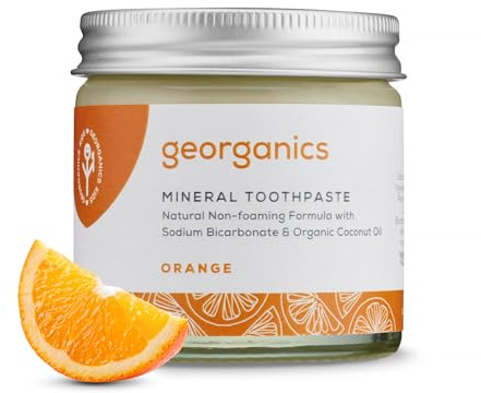 Georganics Mineral Toothpaste - 60ml - Orange Flavour - Fluoride, SLS & Glycerine Free - Non-Foaming Natural Toothpaste with Virgin Coconut Oil - Certified Cosmos Natural, Vegan and Cruelty-Free