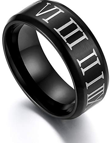 JewelryWe Römische Ziffern Ring Herren: 8mm Breit Klassische Edelstahl Herren-Ring mit Großen Römischen Zahlen Schwarz Fingerring Bandring Hochzeit Verlobung Band Schmuck Geschenk Männer Größe 57