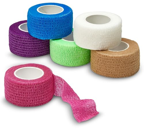 Self Adherent Cohesive Wrap Bandages - (Pack of 6 Rolls) 1 Inch X 5 Yards with Strong Elastic and Colorful First Aid Tape for Sprain Swelling and Soreness on Wrist and Ankle (Rainbow Color)