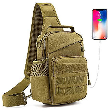 HUNTVP Taktisch Brusttasche Military Schultertasche Tactical Chest Sling Pack MOLLE Armee Crossbody Bag Militärisch Umhängetasche Mini Single Strap Rucksack für Reisen Wandern Camping,Typ-3 Braun