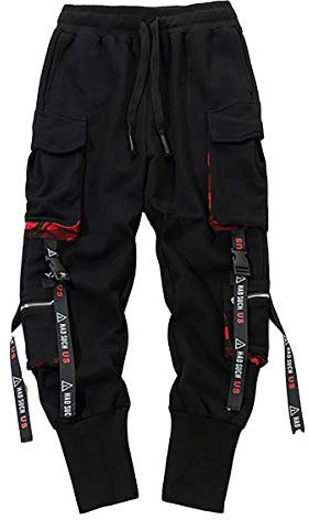 Onsoyours Haremshose für Herren Beiläufig Mehrere Taschen Jogginghose Hip Hop Hosen Overall Konische Hosen Streetwear C Schwarz L