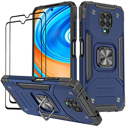 KANSi Funda Compatible con Xiaomi Redmi Note 9 Pro/Redmi Note 9S, Cristal Vidrio Templado [2 Piezas] Capa Anillo iman Soporte Hard PC y Silicona TPU Antigolpes Armor Carcasa - Azul