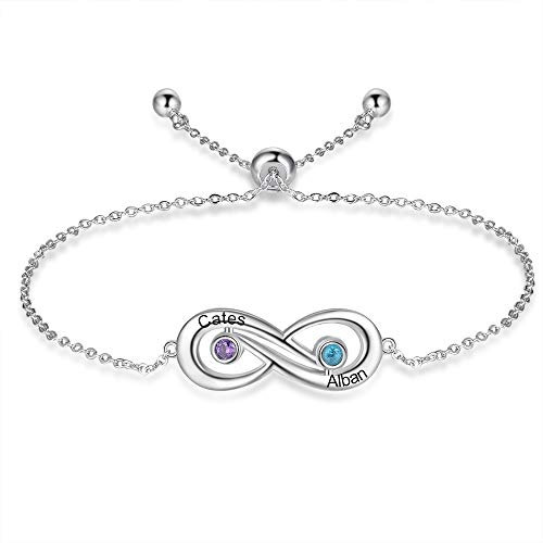 Lam Hub Fong Unendlich Armband Damen Personalisiert mit Name Gravur 925 Sterling Silber Armband Unendlichkeit mit Geburtsstein Geschenk für Frauen Müttern Mädchen (2 Geburtsstein 2 Name-1)