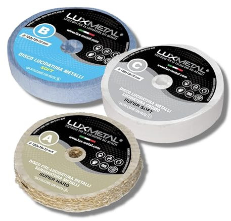 Lux Metal Kit 3 Disco Lucidatura 100 mm (A-B-C) In Cotone Set Lucidare A Specchio Alluminio Metalli Acciaio Inox Dischi Lucidante Per Trapano Da Mola Smerigliatrice Ottone Rame Legno Marmo Plexiglass
