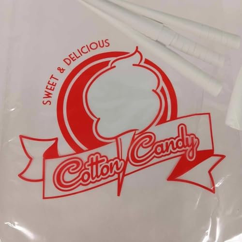 Oasis Supply 200 pc Bundle, Heavy Duty White Cotton Candy Cones and Printed Cotton Candy Bags 100 each, Cones and Bags