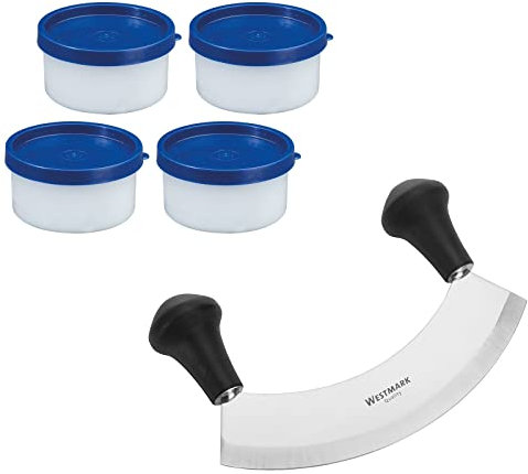 Westmark Kräuter-Set, 5tlg, 1 Wiegemesser + 4 Kräuterdosen zum Einfrieren, Rostfreier Edelstahl/Kunststoff, Silber/Schwarz/Blau, 129322E6