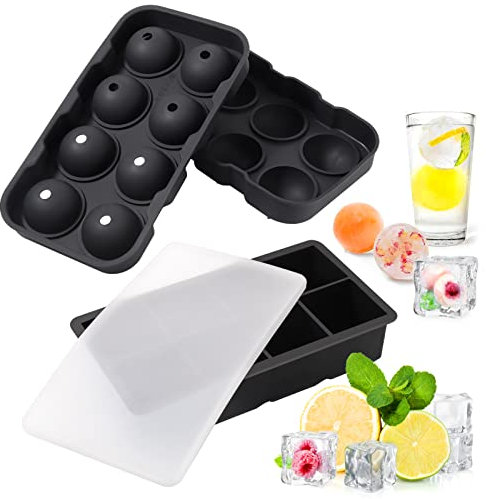 Hejo Juego de 2 Bandejas de Cubitos de Hielo, Reutilizabl Grande 1 Bandeja de Bolas de Hielo y 1 Bandeja Cuadrada para Cubitos de Hielo con Tapa, sin BPA, con Embudo