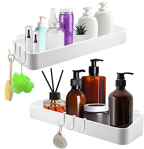 IIRC Duschablage ohne bohren 2 STÜCKE Badezimmer Regal Maximale Tragfähigkeit 7kg Duschregal mit 6 Abnehmbar Haken Badezimmerablagen Waschbecken, Wandablage(Weiss)