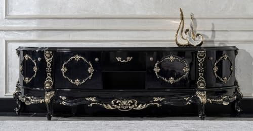 Casa Padrino Luxus Barock TV Schrank Schwarz/Gold - Prunkvolles Massivholz Sideboard mit 4 Türen und Schublade - Wohnzimmer Möbel im Barockstil - Barock Möbel - Edel & Prunkvoll