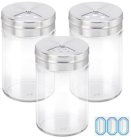 Segarty Spice Jars, 3 Pack 3 oz Spice Bottles with Shaker Lids, Glass Empty Seasoning Containers with Adjustable Pour Holes for Kitchen Spice Storage Stainless Steel Flow Top Salt and Pepper Shakers
