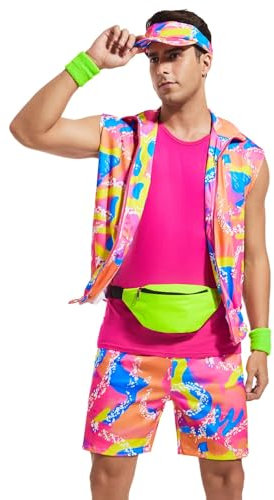 Yonroik 5 Stück 80er Jahre Workout Kostüm für Herren Halloween Cosplay 80er 90er Jahre Workout Outfit Party Kleidung für Erwachsene Herren, Pink, S