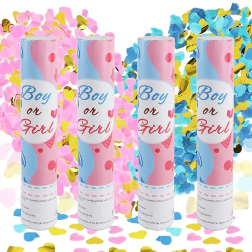Badaren Gender Reveal Konfetti Kanone für Jungen oder Mädchen, 2 Rosa und 2 Blau Konfettikanone für Gender Reveal Party-28cm