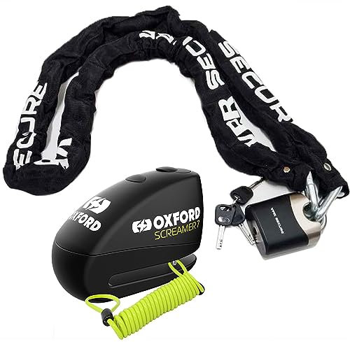 OXFORD Security Screamer7 Motorbike Alarm Disc Lock SABRE Motorcycle Chain & Padlock Anti-Theft Black Quad Bike Scooter Safety Bundle with FREE Disc-Lock Reminder Cable - 120cm