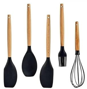Set Utensilios Cocina de Silicona con mango de madera, Juego de Accesorios de Cocina Antiadherente y Resistente al Calor, Espátula, Cuchara, Pincel, Batidor.