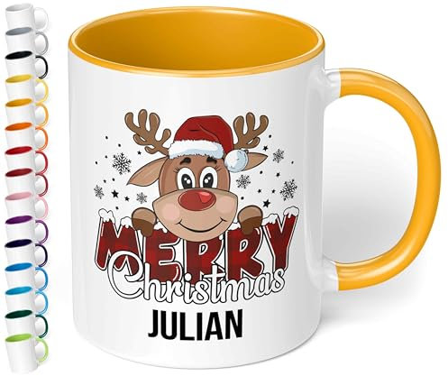 True Statements Weihnachtstasse mit Namen personalisiert „Merry Christmas“ - mit Rentier-Motiv - 330ml Keramik Kaffeebecher mit Spruch – Geschenk für Kollegen & Familie (Goldgelb)
