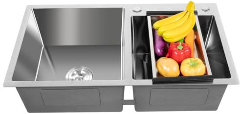 Fregadero de cocina de acero inoxidable, 78 × 43 × 21 cm, 2 cuencos, fregadero grande con escurridor, para cocina y lavandería