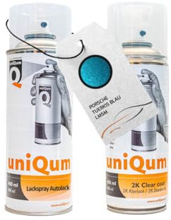 UniQum Autolack + Klarlack 2K Spraydose für PORSCHE TUERKIS BLAU LM5M Autolack Reparatur 2 x 400 ml
