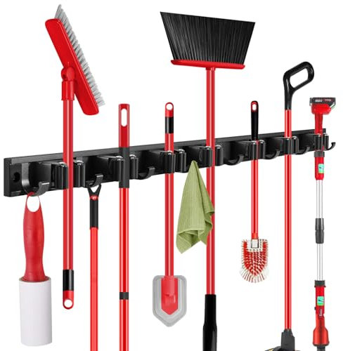 SLIIMU 30'' Broom and Mop Holder Wall Mount with Movable Sliding 7 Racks 8 Hooks, Storage Organizer Wall Hanger, Cleaning Tool Hanging Grippers for Kitchen Bathroom Garden Garage Laundry Home Closet