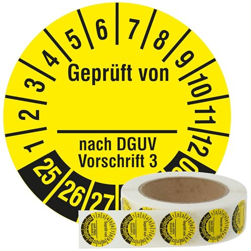 Mehrjahresprüfplaketten 2025-2030 - Geprüft DGUV V 3 - Ø 30 mm, 1.000 widerstandsfähige Prüfplaketten auf Rolle, Polyethylen, gelb, selbstklebend
