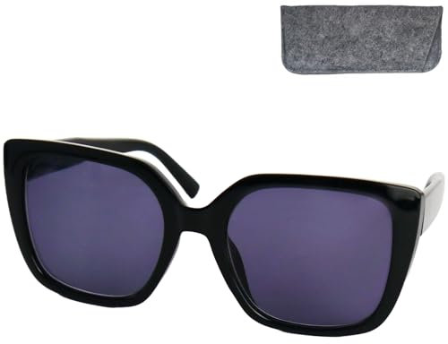 Stylisch Schmetterling Sonnenbrille Damen mit Sehstärke, Kunststoff Brillengestell mit (Schwarz) und großen Gläsern, Gratis Etui, Lesesonnenbrille +2.0 Dioptrien
