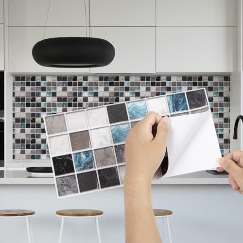 Fantasnight Black Tile Stickers 30x15cm 12Pcs, Mosaic Stick On Tiles for Bathroom, Blue Self Adhesive Wall Tiles Waterproof Backsplash, for Kitchen Living Room