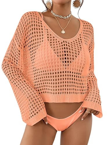 Bsubseach Femmes Crochet Crop Top Plage Maillot de Bain Cover Up Manches Longues Hollow Out Maillot de Bain Cover Ups Corail Rose