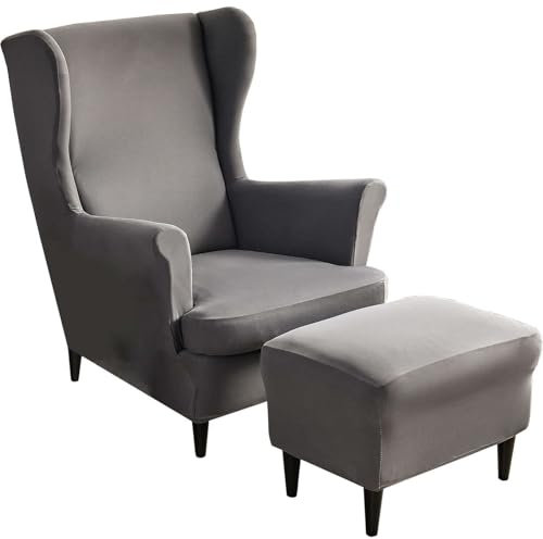 CLGTY Spandex 2 Teilig Ohrensessel Überzug Mit Hockerbezug, Ohrensesselbezüge Mit Ottomane Schonbezug Stretch Ohrensessel Schonbezuge Waschbar Für Wohnzimmer-dunkelgrau-3 Stück