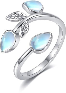 CUPENDA Mondstein Blatt Ring Sterling Silber Einstellbare Band Mondstein Ringe Boho-Schmuck für Frauen