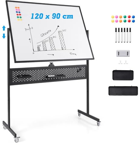 COSTWAY Doppelseitiges mobiles Whiteboard, 120 x 90 cm, Trocken abwischbares magnetisches Whiteboard mit Stecktafel, Rollen und Ständer, inkl. Zubehör für Büro, Zuhause (Schwarz)