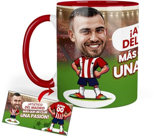 Anak Anak Tazas desayuno Futbol - Taza personalizada con caricatura y nombre - Tazas originales para regalar fanáticos futbol - Taza de futbol Español - Tazas de cafe 350 ML - Regalos (Atlético M)