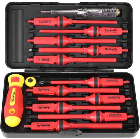 MadeInFix Screwdriver Set, 14 Piece VDE Insulated Electricians Tools Kit with Rubber Handle in Hard Case | Interchangeable | Magnetic Tips | 1000V | Ideal for Electrical, Home and DIY Projects