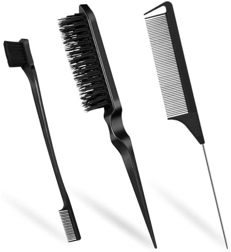 Siliget 3 Pcs Hair Brush Set, Slick Back Hair Brush Edges Brush, Rat Tail Comb, Plastic Bristle, Teasing Brush Set for Women Smoothing Hair (Black)