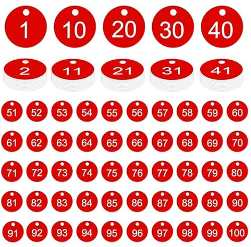 100 Stück Schlüsselanhänger Zahlen 1-100, 35 mm Runde Nummernschilder aus Kunststoff mit Löchern,Wasserdichte Zahlenmarken Nummeriert Kennzeichnungsmarken für Turnhallen,Gastronomie,Viehbestand (Rot)