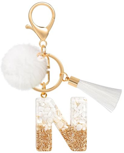 MWOOT Porte Clé Lettre N Peluche Tassel, Initial Résine Personnalisé Keychain Or Blanc, Porte Clef Lettre Pendentif Décoratif, Kawaii Porte Clef Voiture Charm, Idee Cadeau D'Anniversaire pour Femme