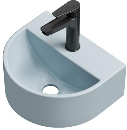 EMKE Lavabo Semi-Circular 303 x 255 x 120 mm, Lavamanos Suspendido para Montar en la Pared, Lavabo de Cerámica para WC de Invitados y Baño, Diseño Moderno,Azul Grisáceo Mate