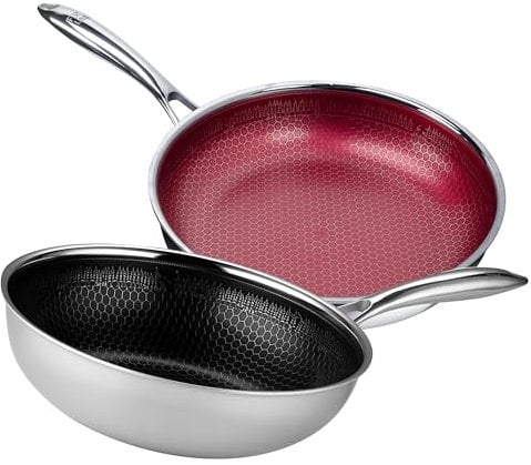 FIXLINE® 2er Set Pfanne & Wok 28cm Black Forest Design - Natürliche keramische Beschichtung - Alle Herdarten inklusive Induktion - Backofengeeignet - Profi Set