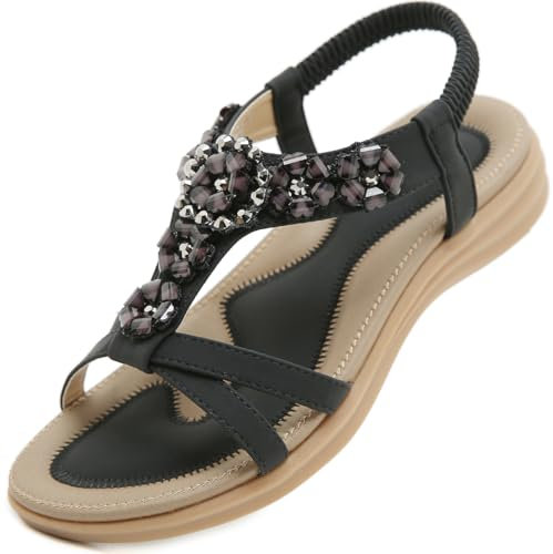 Acfoda Sandali Donna Estive Piatto Eleganti Infradito Bohemia Sandalo de Spiaggia Casual Comodi Scarpe Bassi Ortopedici Strass Sandale Nero 40