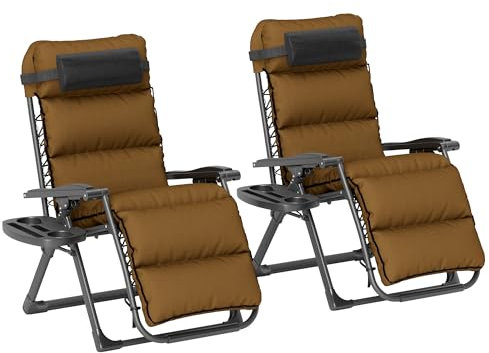 Outsunny Zero Gravity Chairs Set of 2, Folding Reclining Garden Chair, Outdoor Sun Lounger with Cushion, Garden Recliner Chairs with Headrest and Cup Phone Holder Tray for Beach, Brown