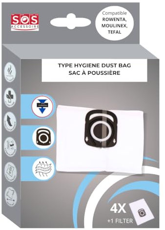 SOS Accessoire Lot de 4 Sacs Aspirateur + 1 Micro-Filtre | Sac Aspirateur Rowenta Silence Force | Equivalet à Rowenta ZR003901 | Compatible Aspirateurs Traîneaux Row