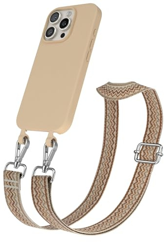 EAZY CASE - Hülle mit Band kompatibel mit iPhone 16 Pro Handyhülle für iPhone 16 Pro Schutzhülle Silikonhülle mit Handykette zum Umhängen 2in1 Hülle Handykordel Wellen - Beige Braun Metall Silber
