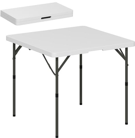 Outsunny Tavolo da Campeggio Pieghevole con 2 Altezze Regolabili, Tavolino da Giardino Portatile in HDPE e Metallo, 86x86x74 cm, Bianco